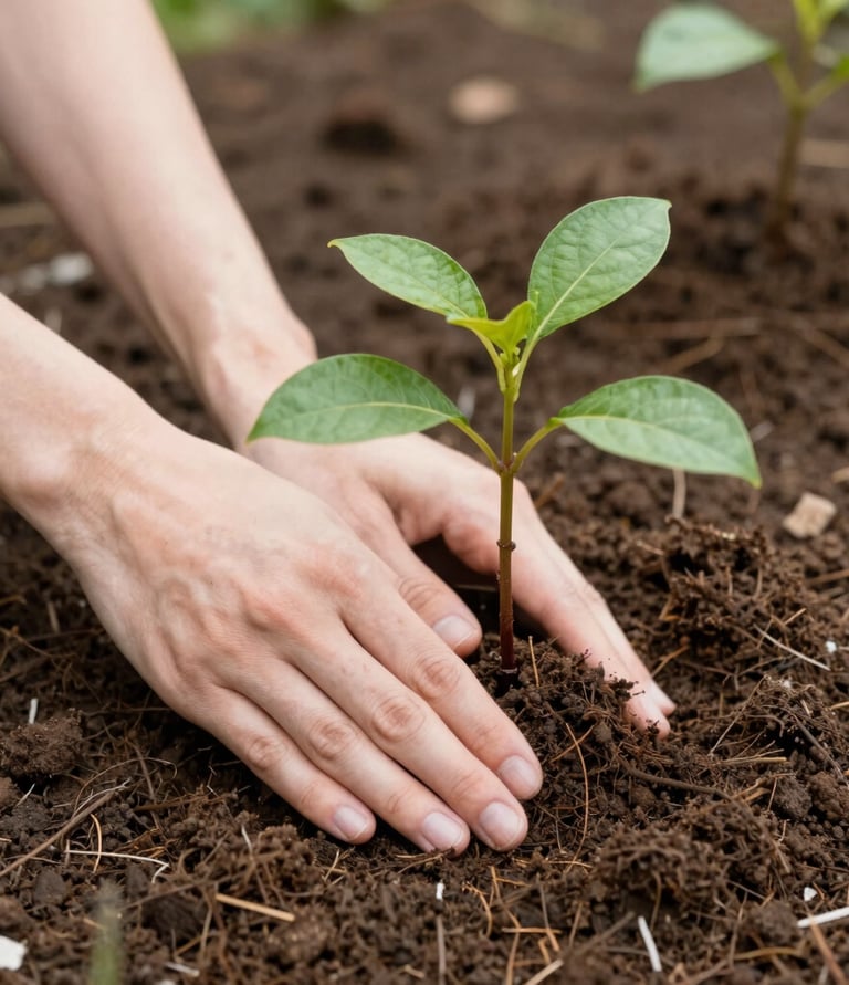 Close-up white hands planting a small tree in nutritious soil
