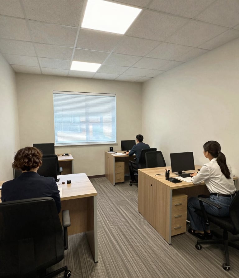 A warm, inviting real estate office with agents happily assisting clients.