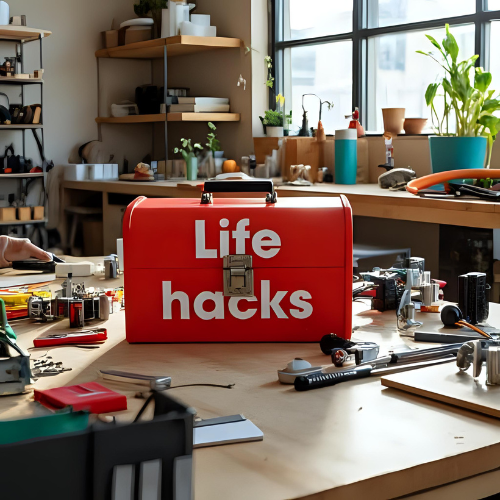 Life hack toolkit filled with tools to increase productivity, parenting tips, health tips