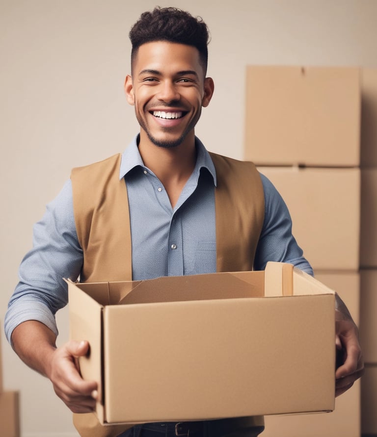 A person is maneuvering a hand truck loaded with large boxes on a street. The individual is dressed casually and appears to be delivering or transporting the parcels. A white van is parked nearby, partially blocking the road. The surroundings include an old, weathered building with a red, peeling wall and a decorative blue door.