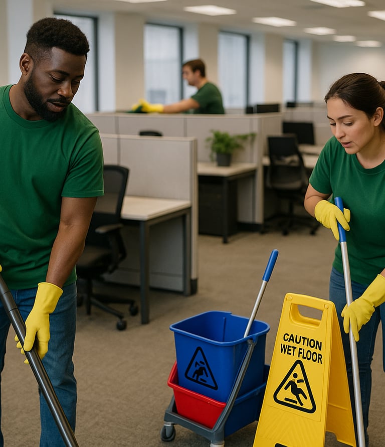 staff performing a deep clean of an open plan office. Top cleaning commercial cleaning services