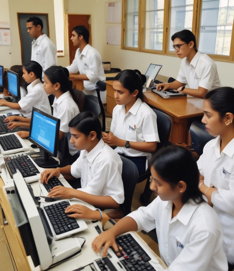 A diverse group of students engaged in a computer training session in a bright classroom.