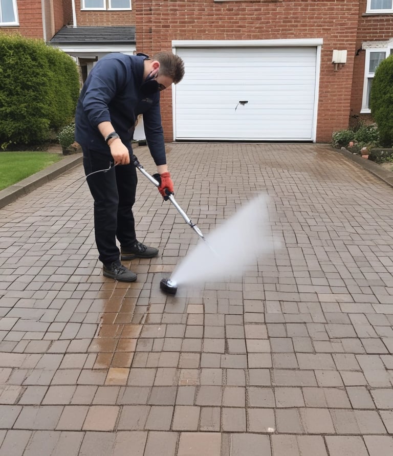 A person is suspended outside a tall building, cleaning a large window. The silhouette of the person, wearing a safety harness and a hard hat, is clearly visible against the blue sky. The person holds a bucket in one hand while cleaning the glass surface.