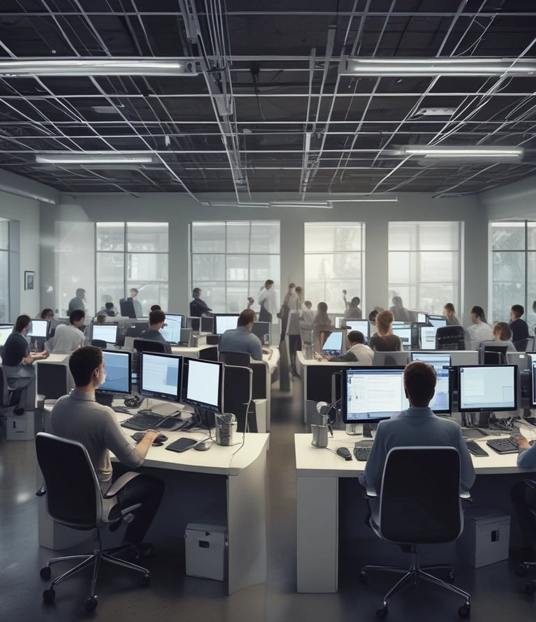 A team of diverse professionals collaborating around a table with documents and a laptop.