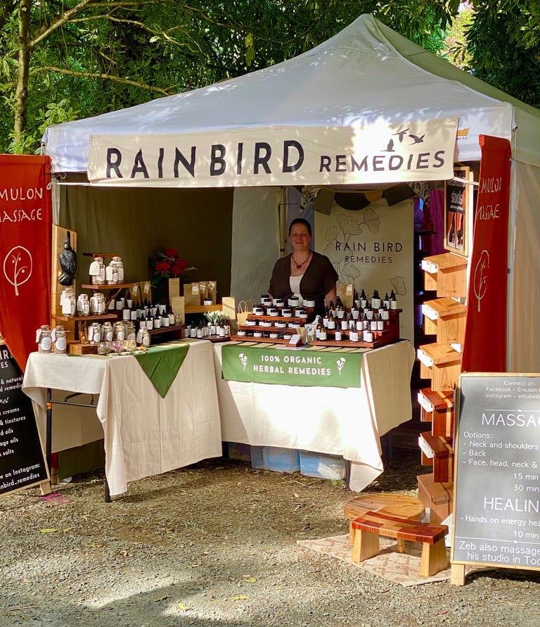 a marketstall selling herbal remedies at the Lost woods market in Emerald Victoria