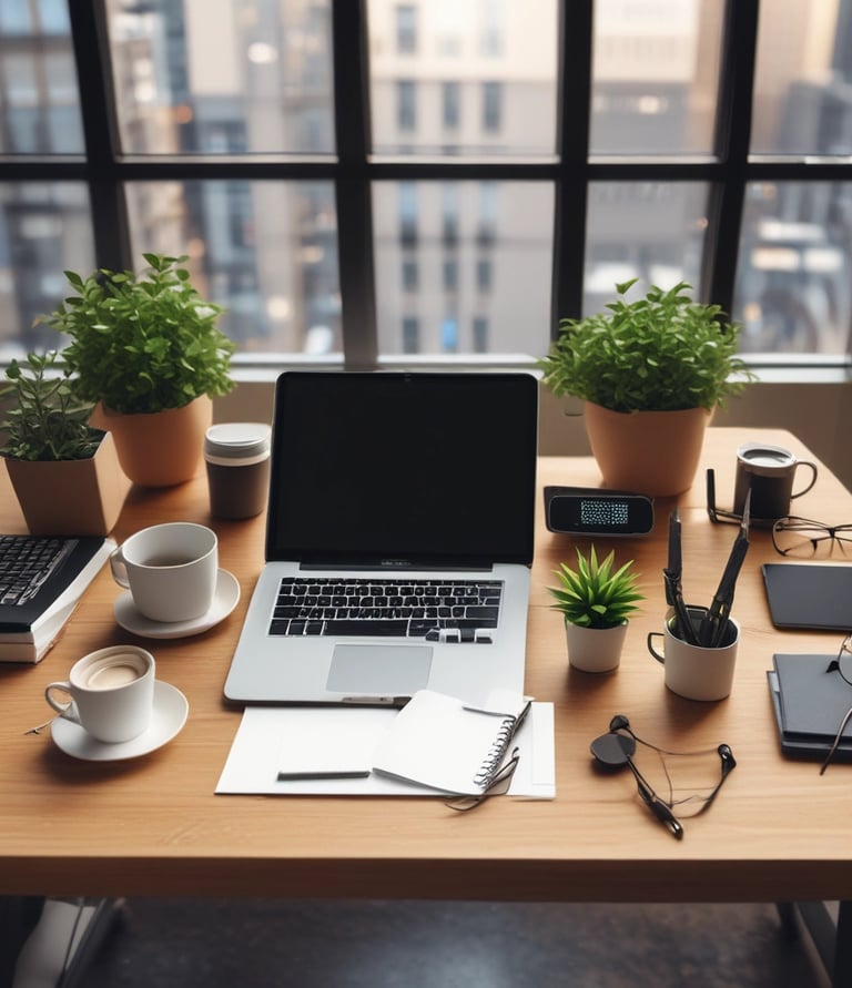 A dimly lit room features a prominent illuminated sign displaying the words 'Sysco LABS.' Below the sign are office desks with various electronic devices, including laptops and cables. The lighting creates a cool and professional atmosphere.