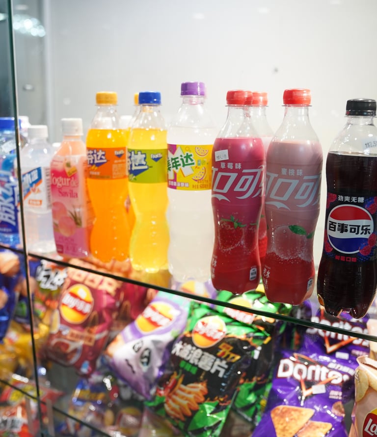 a display case with Asian exotic chips and soda bottles and candy