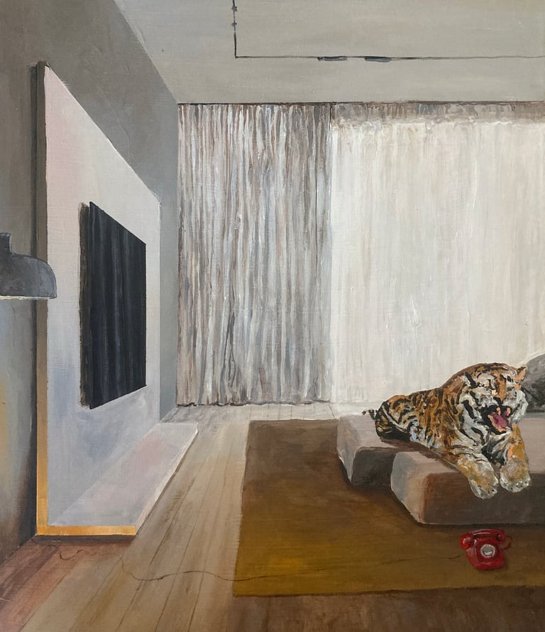 a painting of a tiger in a living room