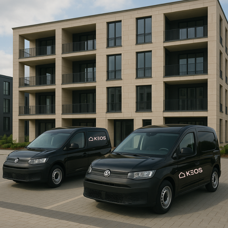 two vans parked in front of a building