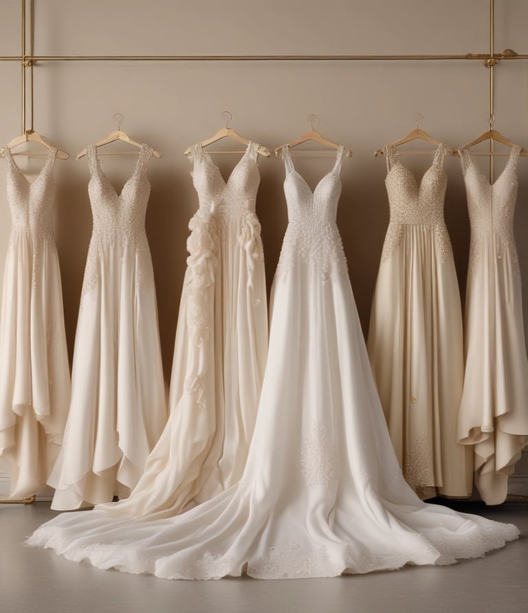 A woman in a luxurious, flowing bridal gown stands near a doorway, gazing thoughtfully into the distance. The dress features intricate lace detailing on the bodice and a voluminous tulle skirt. The room is softly lit, creating a serene and contemplative atmosphere, with vintage-style decor visible in the background.