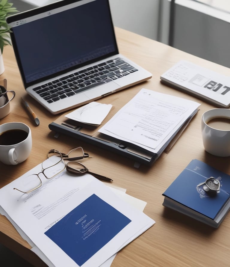 An elegant workspace featuring a laptop, documents, and a cup of coffee, symbolizing productivity.
