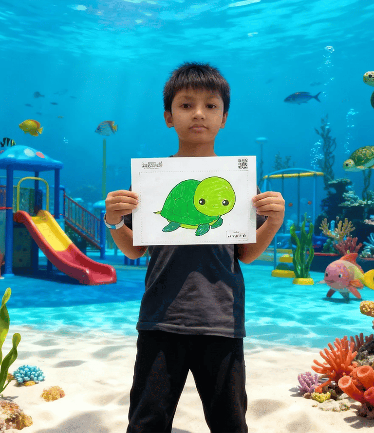 Kid holding artwork in front of large interactive aquarium screen for Color to Life experience