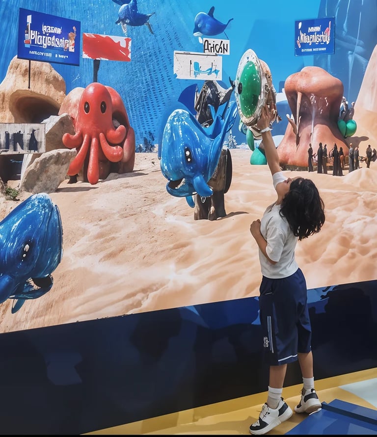 Child touching animated characters on interactive projection wall at family edutainment center Indon