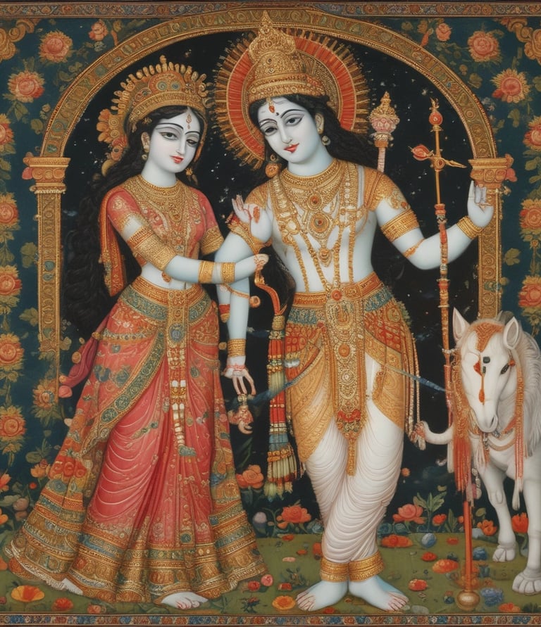 A traditional Indian temple with a terracotta-tiled roof and supporting columns, surrounded by lush greenery and palm trees. Several people are seen standing near the entrance, some wearing traditional attire.