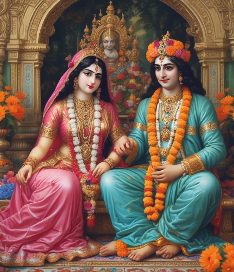 The image depicts an outdoor scene featuring a temple with intricate carvings and a pathway leading towards it. There is a multilingual signboard indicating directions to a garden and the Krishna Sudama statue. People are walking and sitting in the area, with trees and plants providing greenery.