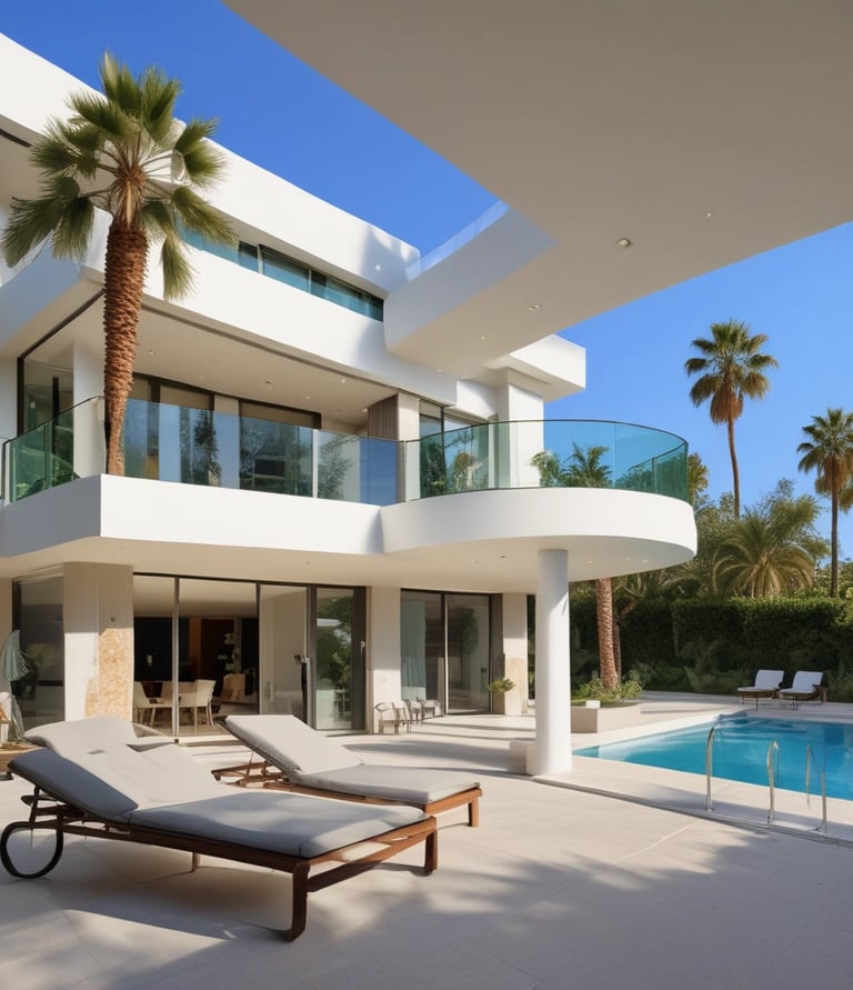 A two-story building with a yellow facade and blue shutters, featuring a real estate agency on the ground floor called Espaces Atypiques. A person is leaning out of an open window on the upper floor. There are parked cars in front of the building under a clear blue sky.
