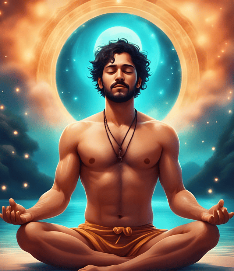 a man sitting in a meditation position with a full body of water