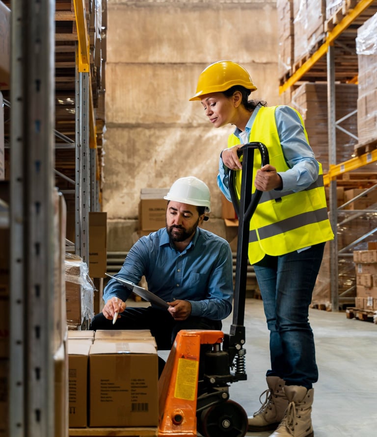 Dois homens em manuseando uma paleteira manual