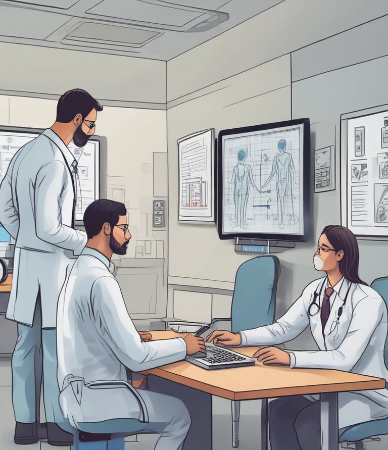 A diverse team of professionals collaborating in a modern office environment, focused on healthcare solutions.