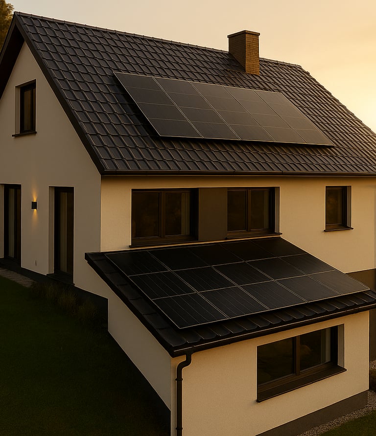Maison contemporaine équipée de panneaux solaires haut rendement installés sur toiture en tuiles foncées, production d’énergi