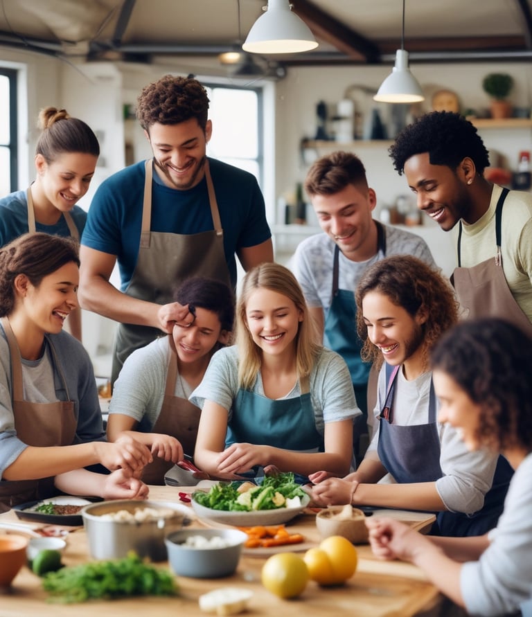 A group of children and adults are gathered around a long table, each preparing and assembling pizzas. The focus is on the many small hands working with dough and toppings. The scene suggests a fun and collaborative cooking activity.