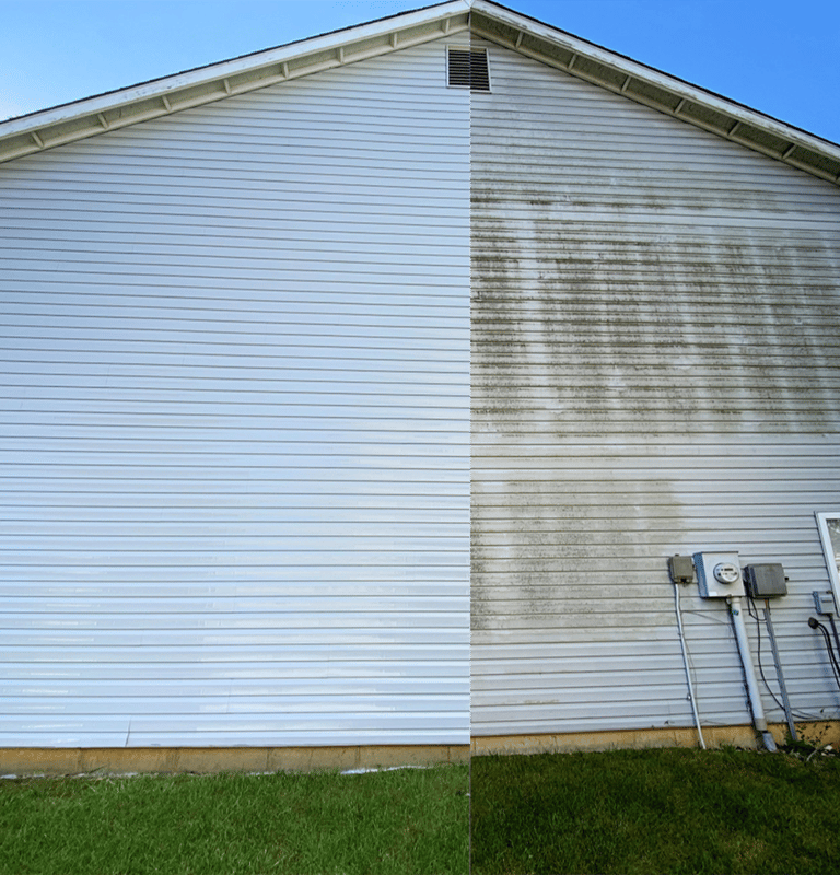 House exterior before and after soft washing, restoring its clean look