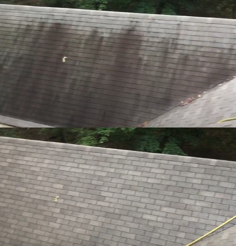 Before and after cleaning and removing black streaks on a shingle roof