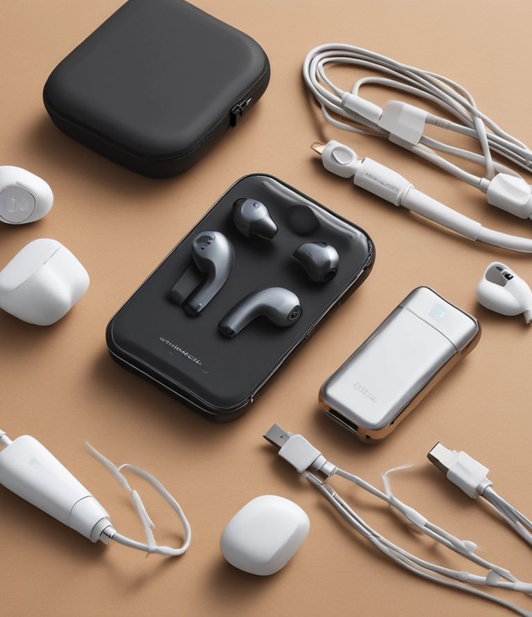 A white charging case labeled 'JOYROOM' is lying on an orange woven fabric placed on a textured, gray carpet.