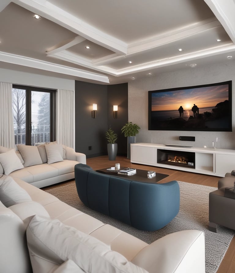 A hand is holding a smartphone displaying a smart lighting app. The screen shows controls for 'Living Room lights' with brightness set at 70%. The app has a minimalist design with a dark background and a central yellow circle indicating the brightness level. Part of a blurred plant and a bright round light are visible in the background.