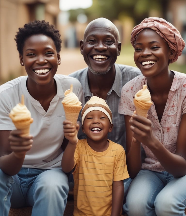 A joyful family savoring ice cream together, with a delivery truck in the background bringing ice blocks.