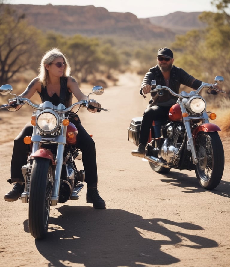 a man and woman riding on motorcycles on a dirt road