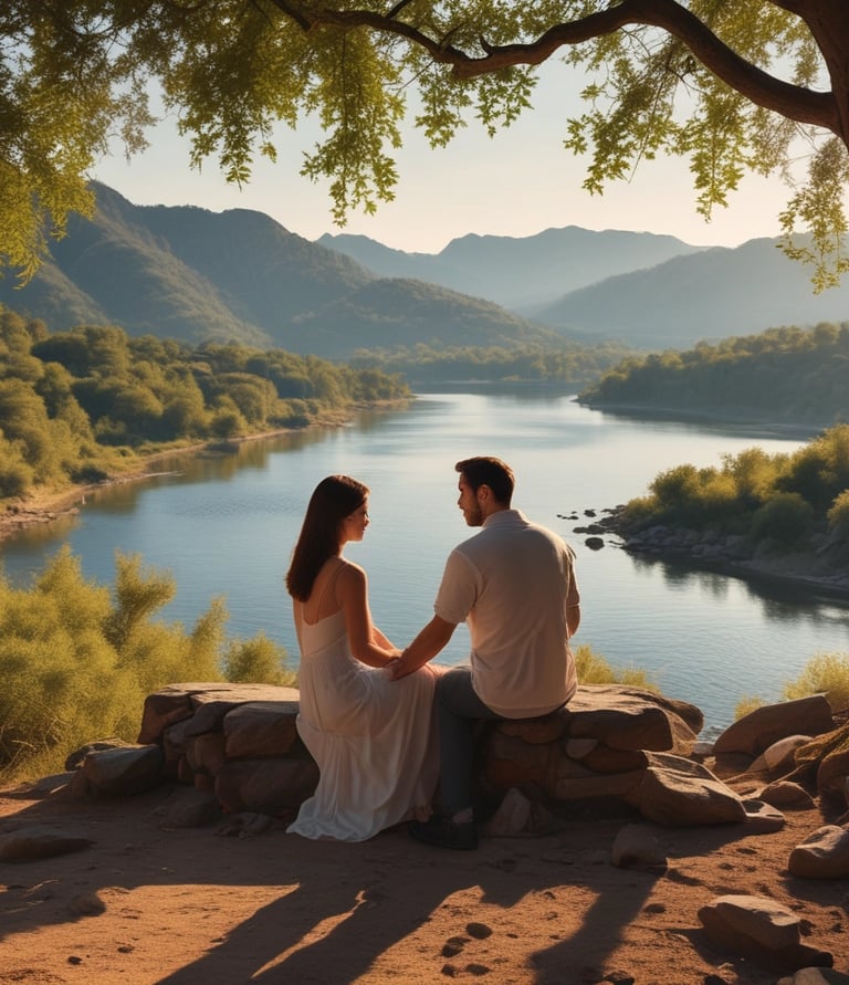 a man and woman sitting on a rock wall