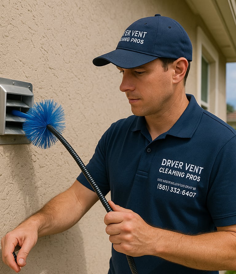 a man in a blue shirt is cleaning a dryer vent in boca raton florida
