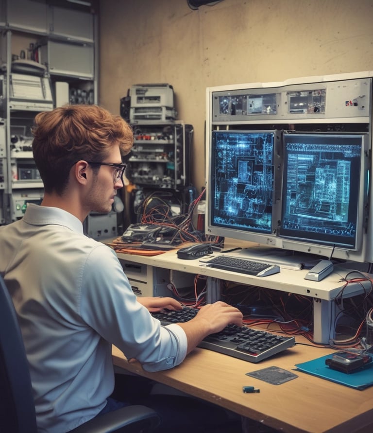 A workbench is cluttered with technology repair tools and disassembled electronic devices. Multiple laptops are open, and an overhead lamp provides focused lighting on the workspace. A backpack sits at the back, amidst a disarray of tools such as screwdrivers, a utility knife, and an organized box of small components. Various pieces of electronic hardware and circuit boards are spread out on the table.