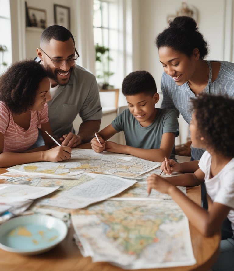 A blue coach bus with travel agency branding is crossing a narrow stone bridge surrounded by lush greenery. In the distance, a few people can be seen walking on a country road.