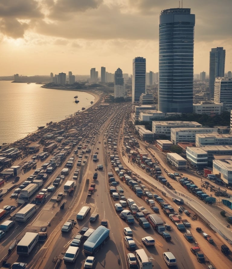 A vibrant cityscape of Abidjan showcasing modern transportation options.