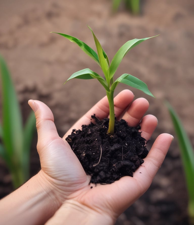 Hands holding soil with small growing plants in a natural environment.