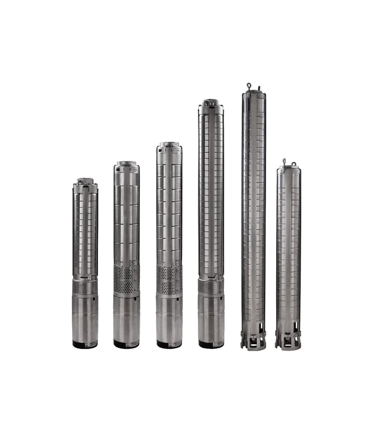 A variety of stainless steel submersible well pumps in different sizes for water systems.