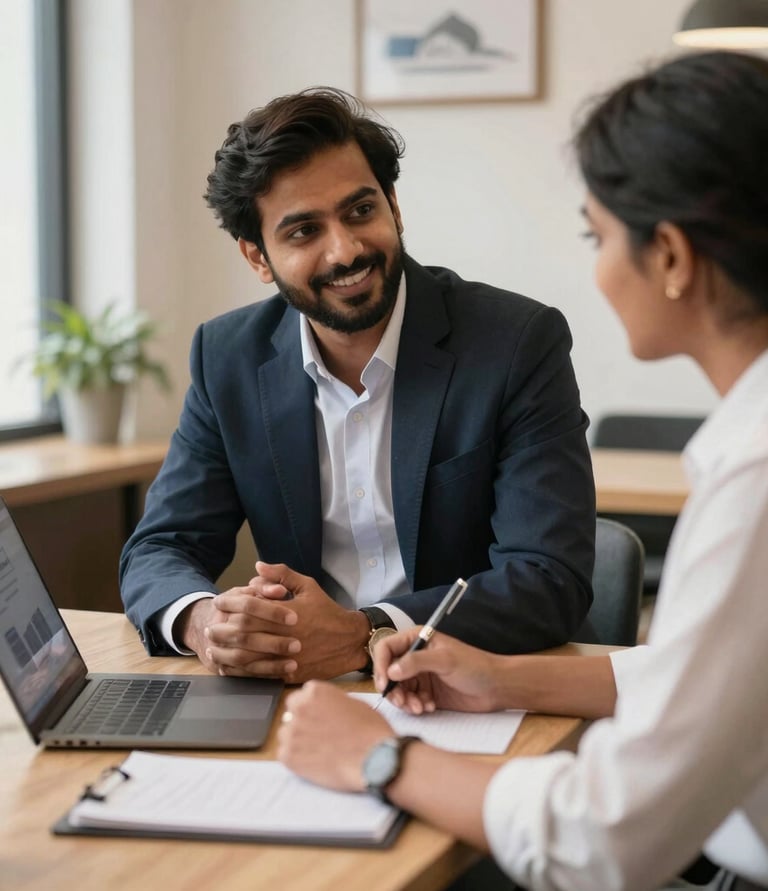 A friendly consultant discussing overseas job indian options with a smiling client in a cozy office.