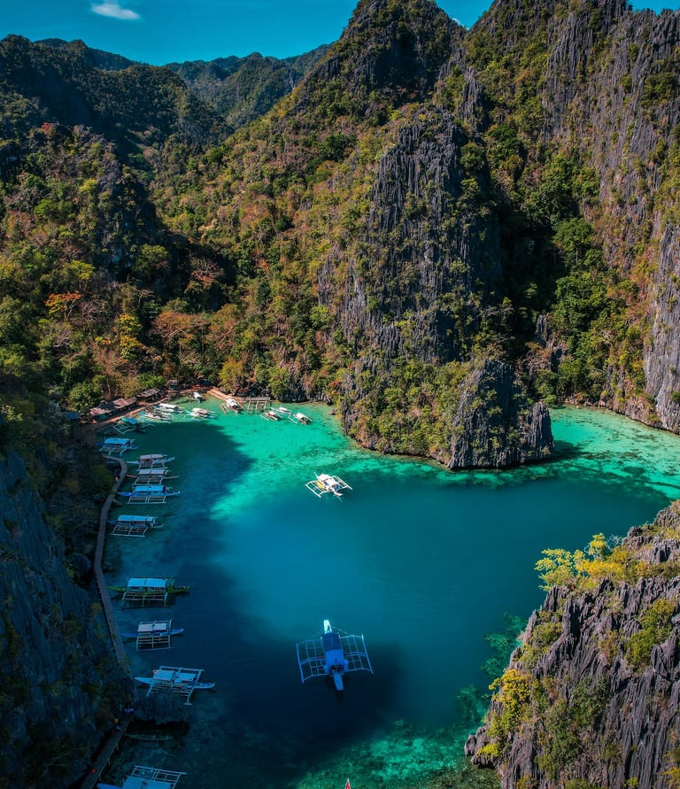 a boat in the water near a mountain  El Nido Palawan