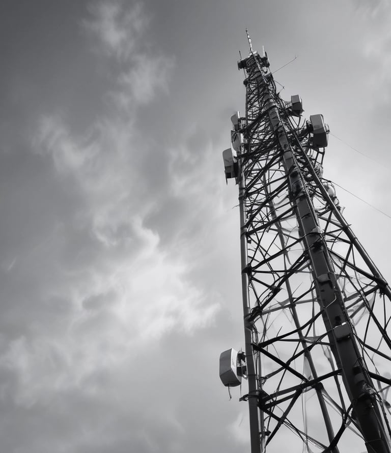 A panoramic view of a city skyline with communication towers in the foreground.