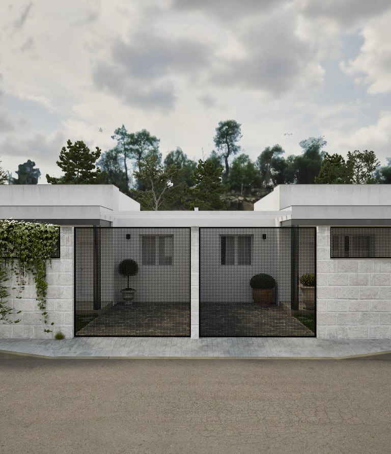 Render 3D de fachada exterior moderna con cerramiento perimetral, acceso peatonal y portón metálico.