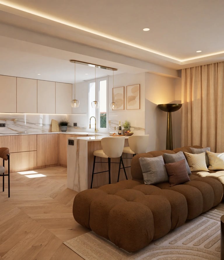 Render 3D de salón comedor con cocina abierta, tonos cálidos y mobiliario contemporáneo