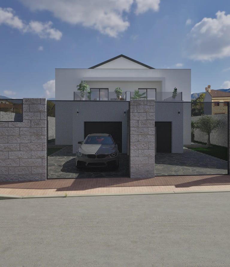 Vivienda moderna con cerramiento perimetral, acceso para vehículos y fachada minimalista 