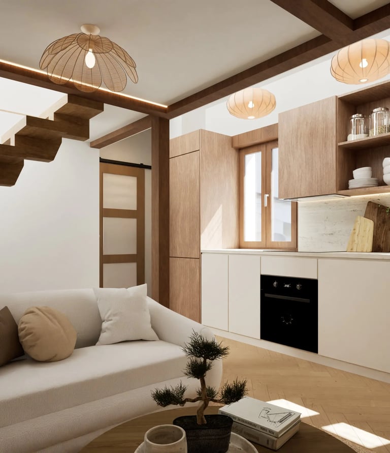 Render interior de salón-cocina de estilo cálido y contemporáneo, con escalera suspendida de madera