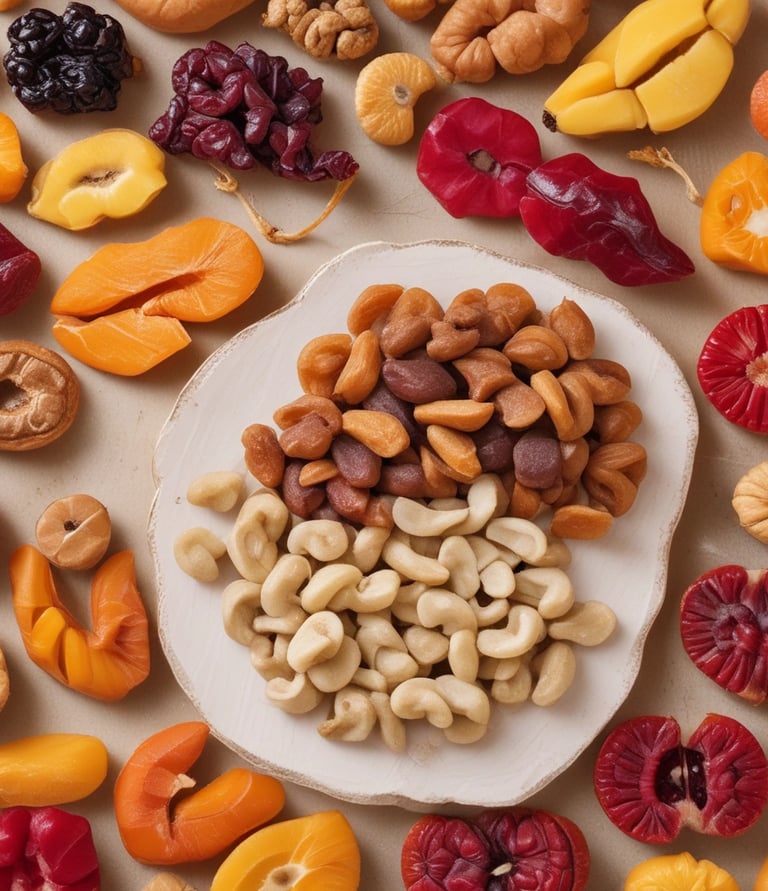 A vibrant market display featuring a variety of dried fruits, nuts, and spices. On the left, shelving units are filled with different kinds of nuts and seeds. In the foreground and to the right, numerous large baskets and bowls showcase an array of colorful dried products, labeled with small yellow price tags. The scene is lively and bustling, with a rich assortment of textures and colors.