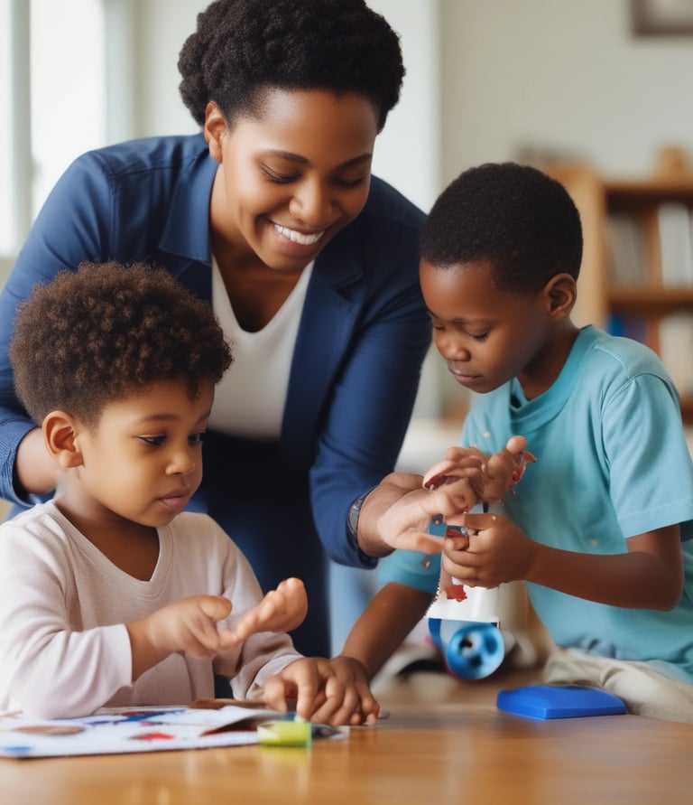 A caring professional assisting a family in a supportive environment.