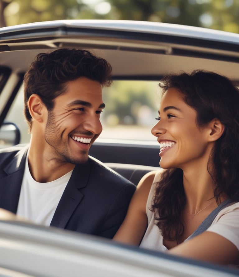 A happy couple in a car that just secured auto insurance through https://insurance-auto.com