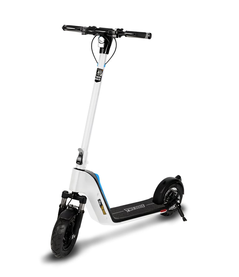 a scooter with a white and blue scooter