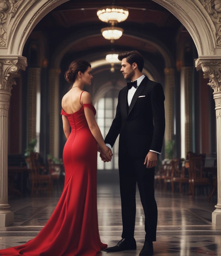 A couple is depicted in an intimate, romantic setting. The woman is wearing an elegant red lace dress, while the man is dressed in a formal black suit with a red bow tie. They are holding hands and gazing into each other's eyes, suggesting a deep connection and affection. The background is subdued, with soft lighting that emphasizes the couple.